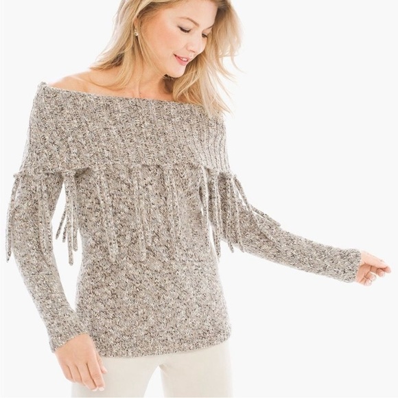 Chico’s Fringed Laurissa Pullover Chunky Knit Sweater Cowl Neck size 3 XL - Picture 1 of 9